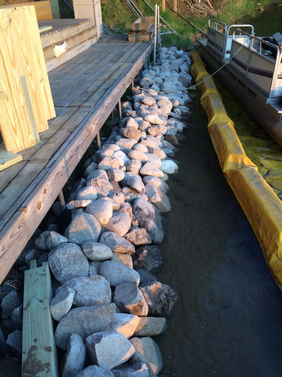 Riprap wall in front of deck