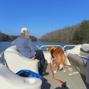 Sister in law and chief dog on the bow look out