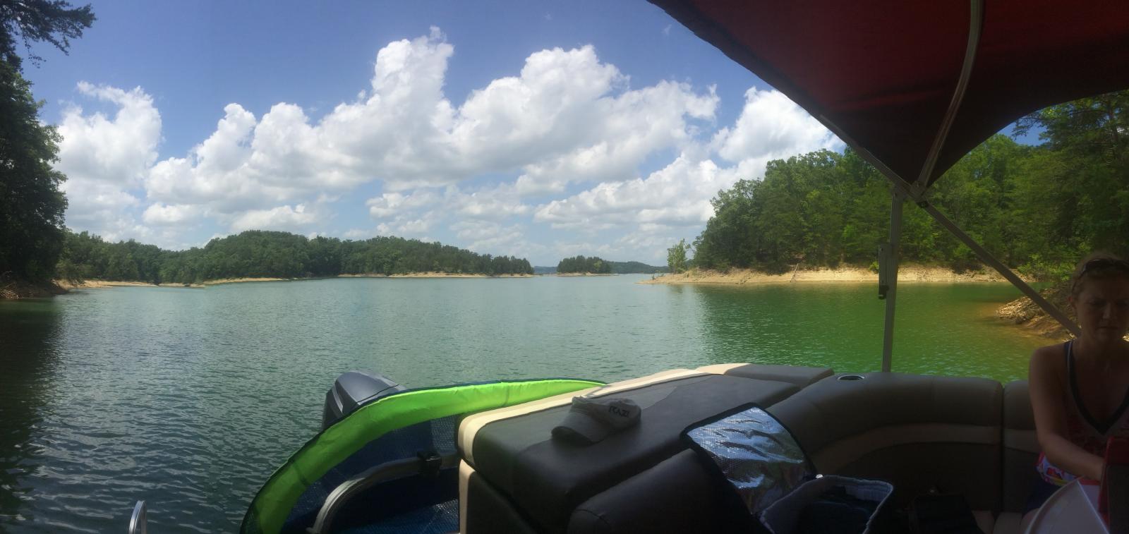 Anchored at one of the coves. Clear green tinted water.