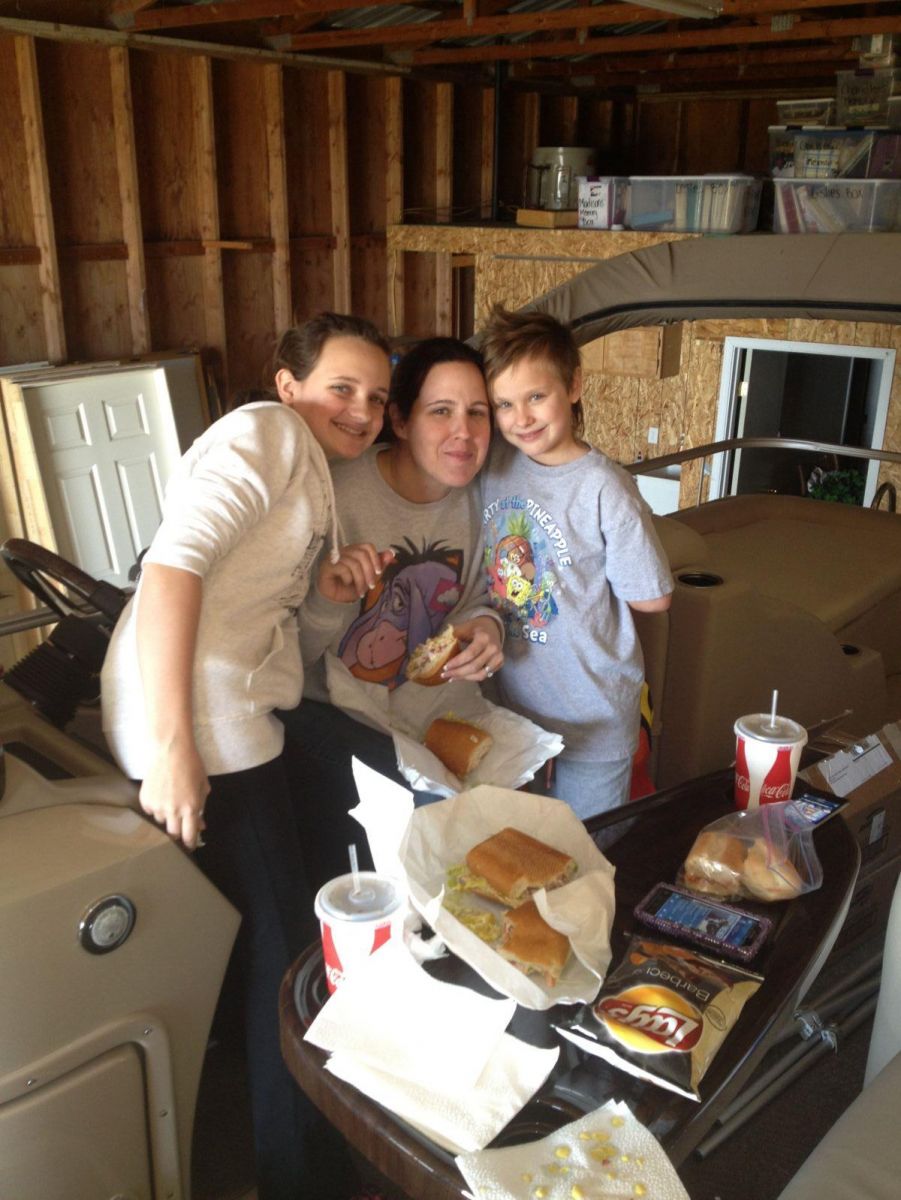 lunch on the boat! while it is dry docked in the barn